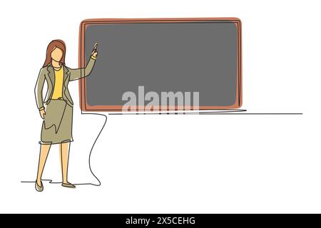 Continuous one line drawing woman teacher professor standing in front of blackboard teaching student in classroom. College class or university teacher Stock Vector