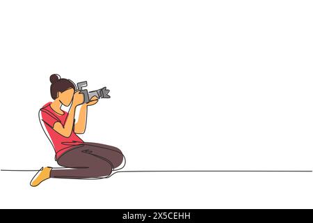 Continuous one line drawing woman photographer holding dslr camera taking photographs. Professional photographer taking pictures. Creative profession Stock Vector