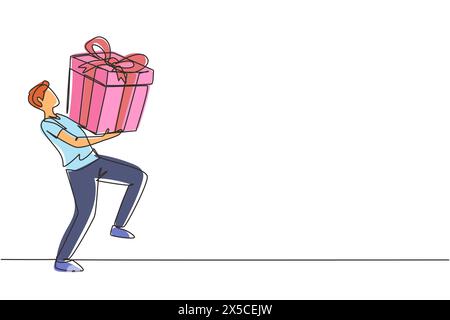 Single continuous line drawing young male carry big gift box. Man carrying a large gift box. Bonus or special offer. Present. Concept of celebration. Stock Vector