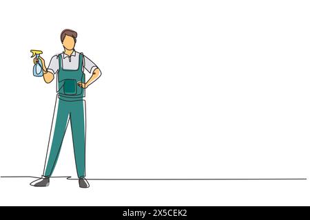 Single continuous line drawing man washing windows at home. Housework chores, male doing house work domestic duties. Guy cleaning and tidying up flat. Stock Vector