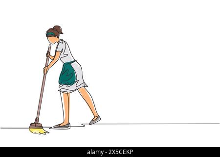 Single continuous line drawing female mopping floor at office. Cleaning workers. Professional cleaning staff, domestic cleaner worker and cleaners equ Stock Vector