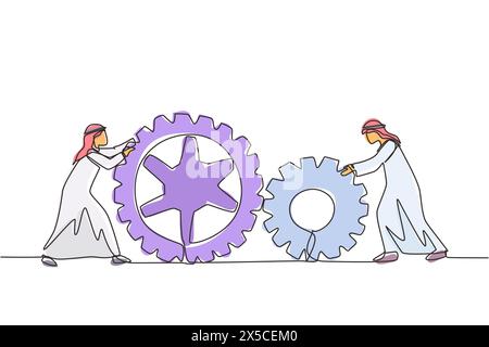 Continuous one line drawing two Arabic businessmen pushing big cogs together. Teamwork cooperation in gears mechanism. Men working on push gears, team Stock Vector