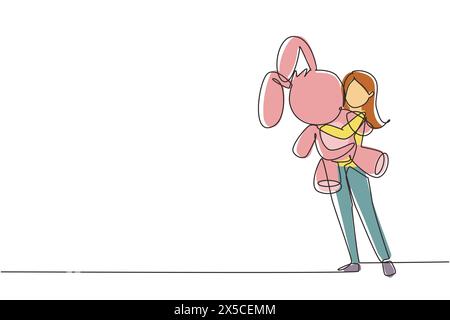 Single continuous line drawing little girl is hugging teddy bear. She is standing at full length and hiding behind toy. The shy beauty child. Dynamic Stock Vector