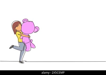 Single one line drawing portrait of expressive little girl hugging her plush bear friend. Little girl playing with teddy bear. Childhood, toys. Contin Stock Vector