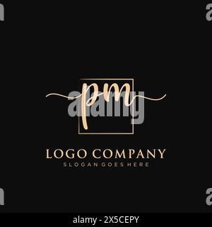 PM Initial handwriting logo with rectangle Stock Vector