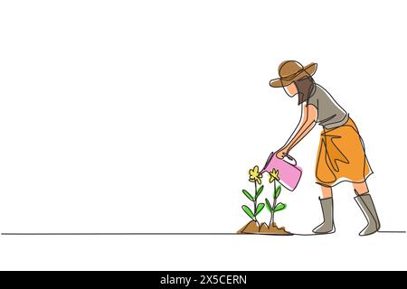 Single continuous line drawing girl volunteer watering plant with watering can, volunteering, charity, supporting people. Botanical garden, planting f Stock Vector