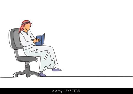 Continuous one line drawing modern young Arabian man reading book sitting in chair. Smart male reader enjoying literature, studying and preparing for Stock Vector