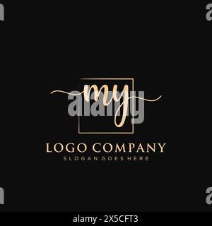 MY Initial handwriting logo with rectangle Stock Vector