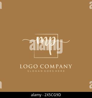 MP Initial handwriting logo with rectangle Stock Vector