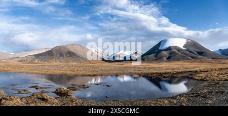 Glaciated mountain peaks reflected in a mountain lake, Kara-Say, Tian Shan, Issyk Kul Province, Kyrgyzstan Stock Photo