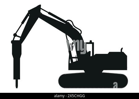 hammer backhoe loader silhouette. Heavy machinery for construction and mining Stock Vector