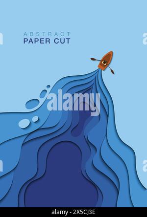 Illustration of a man rowing a boat on a blue water surface in paper cut effect. Design for book covers, presentations, or other printings. Upper copy space Stock Vector
