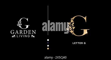 letter g floral logo leafs golden colors isolated black backgrounds for advertisement material, collage print, ads campaign marketing, business cards Stock Vector