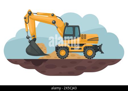 Cartoon of wheel excavator doing a dig in the ground. Heavy machinery used in the construction and mining industry Stock Vector
