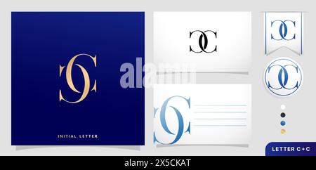 a set of business cards with the letter CC Luxury Initial Letters C and C Logos Designs in Blue Colors for branding ads campaigns, letterpress Stock Vector