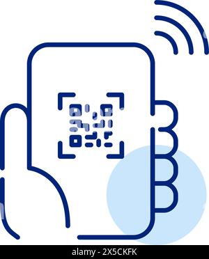 Hand holding smartphone scanning qr code with wi-fi symbol. Accessing networks and seamless connectivity. Pixel perfect, editable stroke vector icon Stock Vector