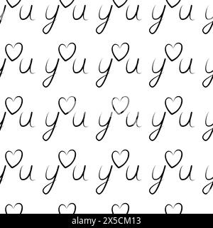 Love you Hand drawn lettering concept with outline hearts Seamless pattern or wallpaper calligraphic design idea Abstract background Texture Isolate EPS Vector for wrapping or web, print, greetings Stock Vector