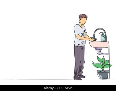 Single continuous line drawing a man washes his hands in the sink, there is a soap dispenser by the faucet and there is a pot of plants under the sink Stock Vector