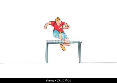 One continuous line drawing of young sporty man runner jumping obstacle at running track. Health activity sport concept. Dynamic single line draw desi Stock Vector