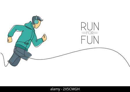 One continuous line drawing young sporty man runner focus run while listening music. Health activity sport concept. Dynamic single line draw design ve Stock Vector