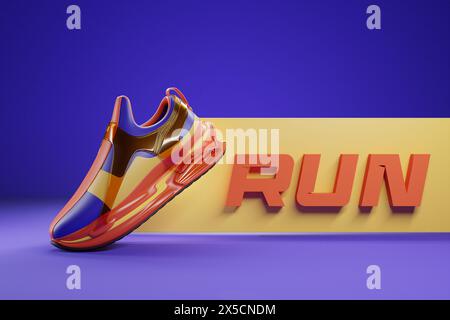 3d illustration of colorful  new sports sneakers on a huge colorful foam sole on a purple  isolated background, sneakers with the phrase run. Fashiona Stock Photo