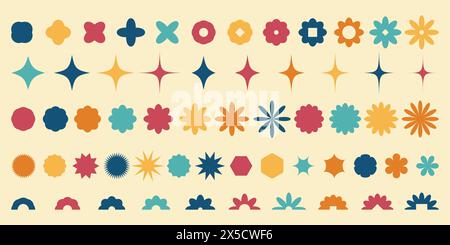 Abstract geometric y2k shapes and icons. Brutalist retro figure, flower and other primitive elements. Swiss design aesthetic. Stock Vector