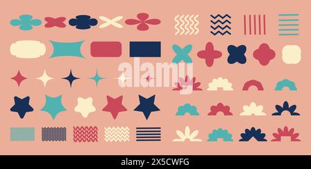 Abstract retro shapes, figures Y2K aesthetic, basic brutalist forms. Vintage stickers and labels. Decorative design elements. Stock Vector