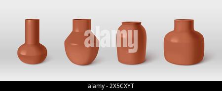 3d brown ceramic flower pot. Terracotta vase isolated porcelain tube. cylinder pipe bottle collection. Decorative pottery sculpture empty mockup. Vertical tall clay vessel or urn render design. Stock Vector