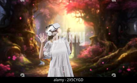 Excited woman looking around by VR surround enchanted wonderful fairytale forest with pink maple leaves falling meta magical world like fairy tale in Stock Photo