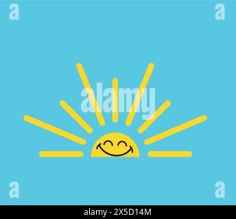 Yellow half sun icon. Sunset simple graphic symbol. Summer heat icon. Half round solar element. Vector illustration isolated on light blue background. Stock Vector