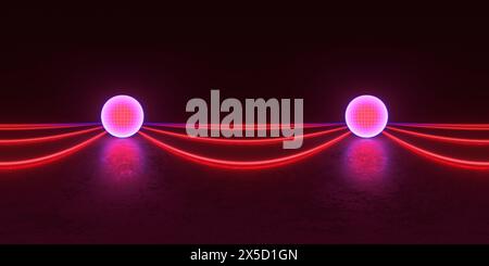 HDRI. Glowing neon lines. Full spherical panorama 360 degrees. Reflections on ground, lights, abstract vintage retro background, ultraviolet, spectrum Stock Photo