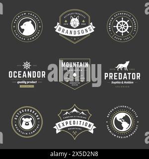 Camping logos templates vector design elements and silhouettes set, Outdoor adventure mountains and forest expeditions, vintage style emblems and badg Stock Vector