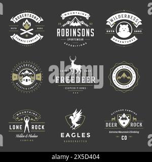 Camping logos templates vector design elements and silhouettes set, Outdoor adventure mountains and forest expeditions, vintage style emblems and badg Stock Vector