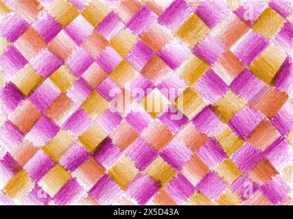 Background is filled with pattern drawn by hand with colored pencils. Squares of different colors alternating. Yellow, peach, purple colors. Each squa Stock Photo