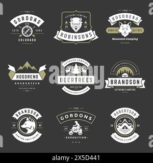 Camping logos templates vector design elements and silhouettes set, Outdoor adventure mountains and forest expeditions, vintage style emblems and badg Stock Vector