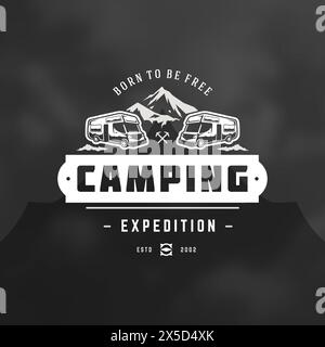 Camper logo design template vector illustration. Outdoor rv vehicle silhouette retro typography badge emblem. Stock Vector