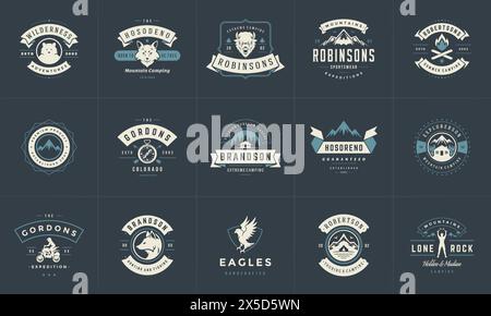 Camping logos and badges templates vector design elements and silhouettes set. Outdoor adventure mountains and forest camp vintage style emblems and l Stock Vector