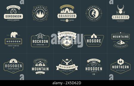Camping logos and badges templates vector design elements and silhouettes set. Outdoor adventure mountains and forest camp vintage style emblems and l Stock Vector
