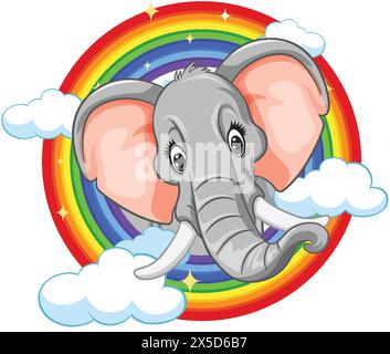 Cartoon elephant with rainbow and clouds background Stock Vector