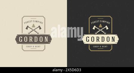 Lumberjack logo emblem vector illustration pine tree and axe silhouettes for shirt or print stamp. Vintage typography badge design. Stock Vector
