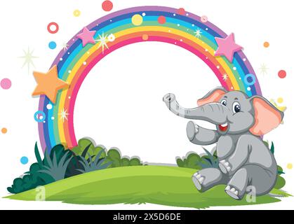 Cartoon elephant sitting under a vibrant rainbow Stock Vector