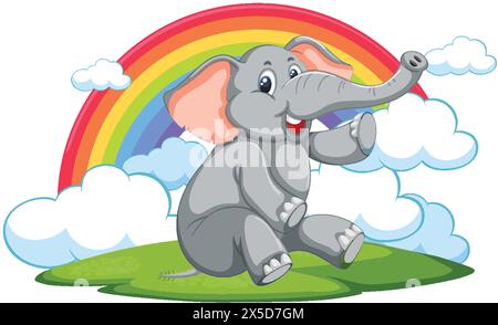 Cartoon elephant sitting under a vibrant rainbow Stock Vector