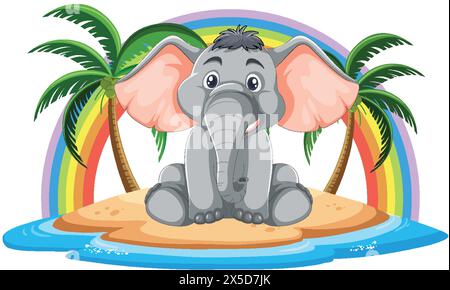 Adorable elephant sitting under palm trees on island Stock Vector