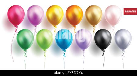 Birthday balloons vector set design. Birthday balloon inflatable colorful collection in glossy, shiny and  floating elements for event celebration Stock Vector