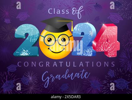 Class of 2024 congratulations graduate greeting card. Bright wallpaper banner with Internet character face. 3D graphic design. Shiny colorful number. Stock Vector