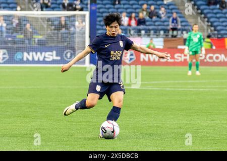 Seattle, Washington, USA. 8th May, 2024. Seattle Reign player JI SO-YUM #91 takes a shot on goal, in the 1st half of the game, Seattle Reign vs Kansas City Current, with the game ending in a draw 0-0 on 5-8-24. (Credit Image: © Melissa Levin/ZUMA Press Wire) EDITORIAL USAGE ONLY! Not for Commercial USAGE! Stock Photo