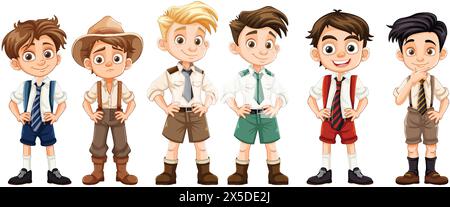 Six cartoon boys in various school uniforms Stock Vector