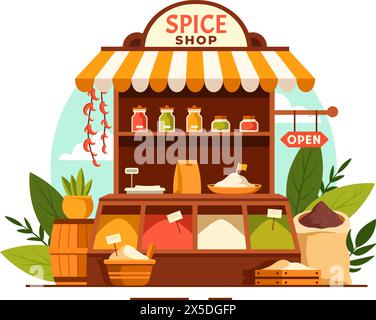 Spice Shop Vector Illustration With Different Hot Sauces, Condiment, Exotic Fresh Seasoning and Traditional Herbs in Flat Cartoon Background Stock Vector