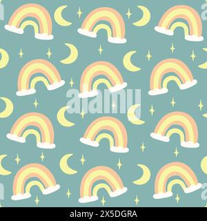 Seamless childish pattern with hand drawn rainbows and stars. Creative scandinavian kids texture. Different size elements endless texture. Vector endl Stock Vector