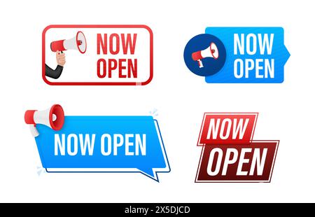 Now open text with Megaphone label set. Megaphone in hand promotion banner. Marketing and advertising Stock Vector
